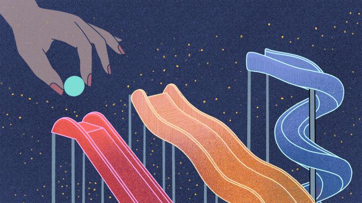 Illustration of hot, warm, and cold dark matter particle marble run