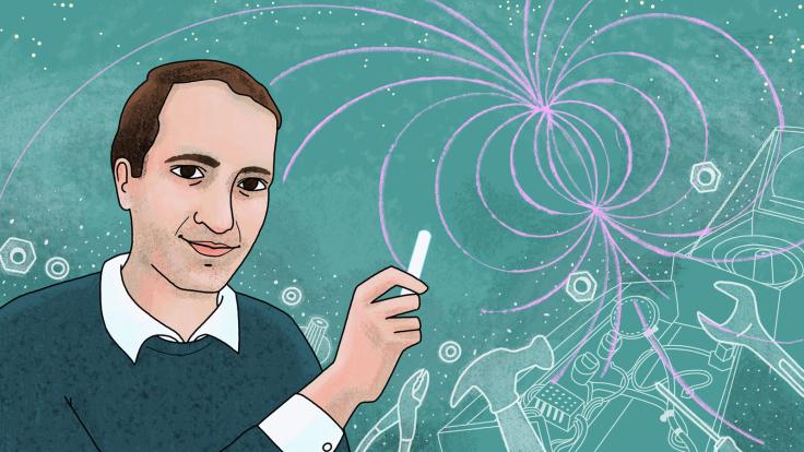Illustration of Maldacena holding chalk in front of a blackboard