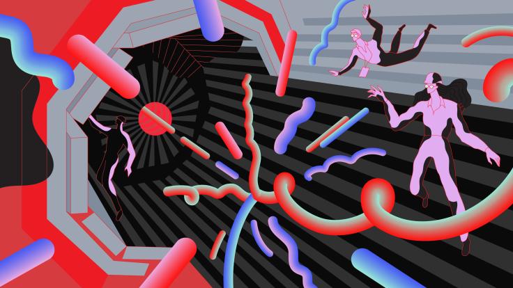 Illustration of scientists interacting with the LHC