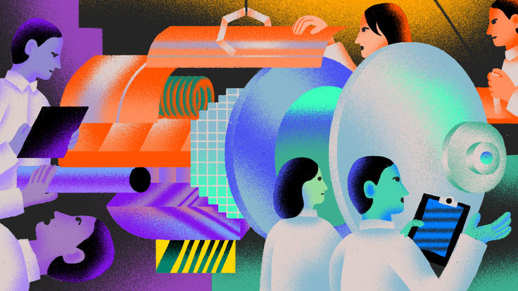 An illustration of technicians assembling the LSST