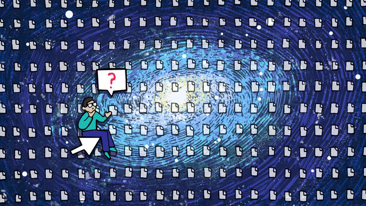 An illustration of a man riding a mouse pointer through a galaxy of data