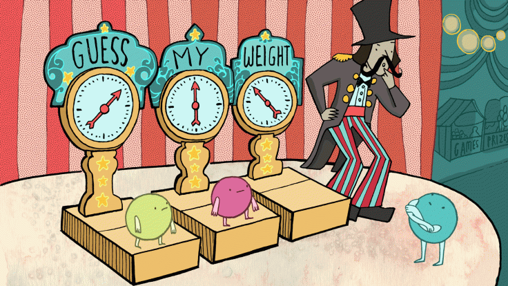 Illustration of two neutrinos on guess my weight scales, third one about to get on