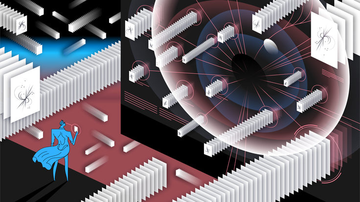 Man standing looking at large circle of deep learning takes on physics with cards coming out