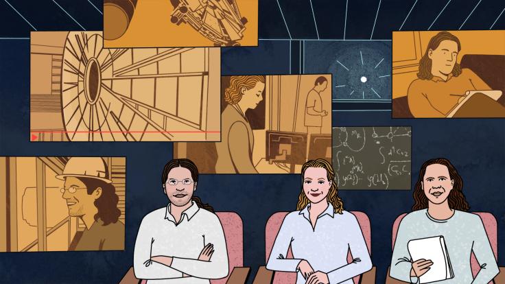Illustration: Kaplan, Arkani-Hamed, Dunford in foreground, sitting in theater, clips of documentary overlaying background