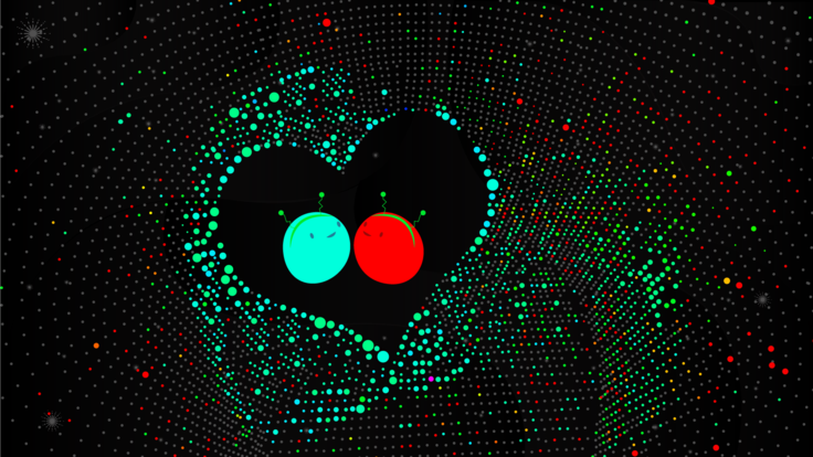 Particles in love in space surrounded by colored dots in the shape of a heart