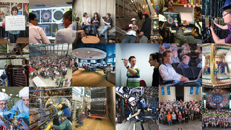 Collage of people working on physics experiments