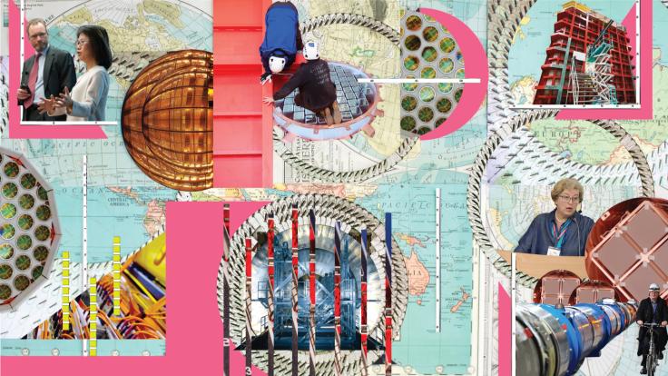 Collage style image with experiments, machines, people, buildings, and Halina Abramowicz