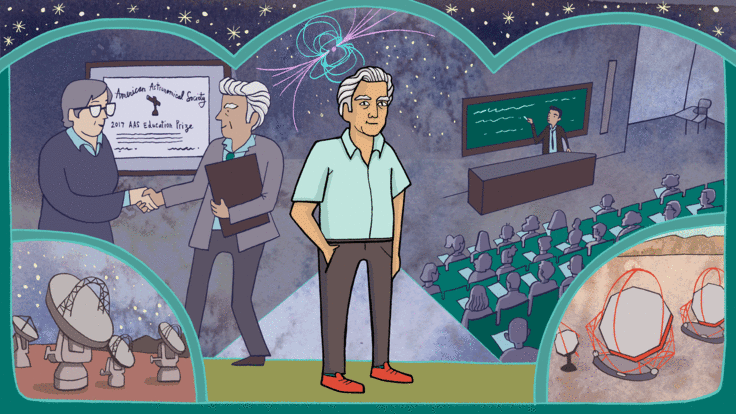 Illustration of Hernán Quintana Godoy meeting people and a classroom