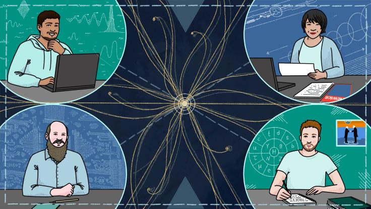 Illustration of particle collision surrounded by four scientists