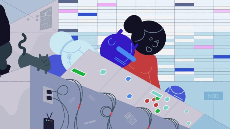 Illustration of people working at machine board
