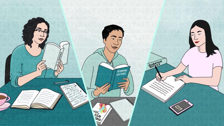 Illustration of scientists studying books written in English