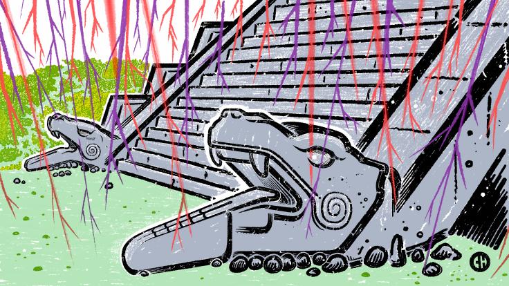 Illustration of cosmic rays hitting the El Castillo pyramid in Chichén Itzá, Mexico