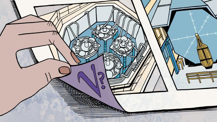 Person holding up bottom corner of page with sterile neutrino machines and neutrino symbol under page with question mark