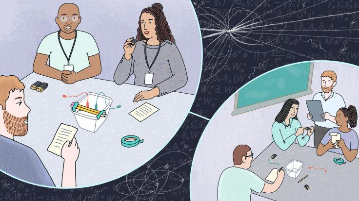 Illustration of someone learning how to teach and then teaching physics to high school students