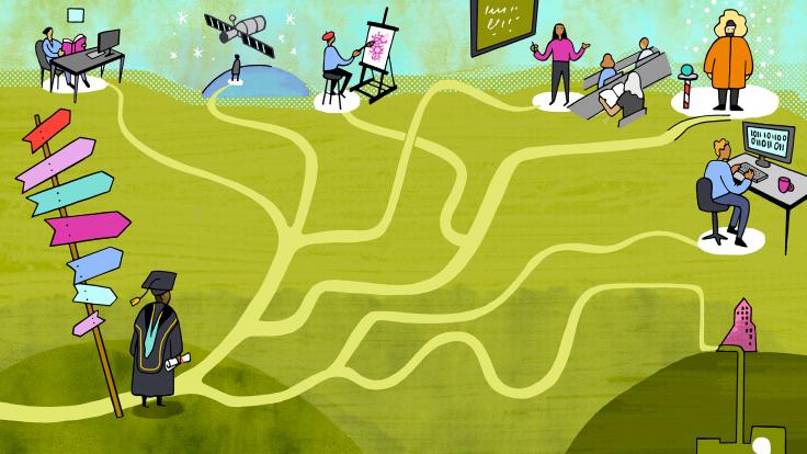 Illustration depicting the many paths for a PhD recipient
