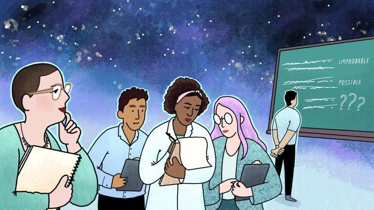 Illustration of scientists considering the possibilities of dark matter