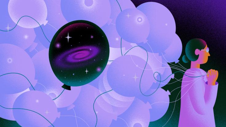 Illustration of a scientist holding a bunch of balloons, one of which is different from the others