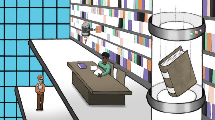People in two tired library with books moving through tubes