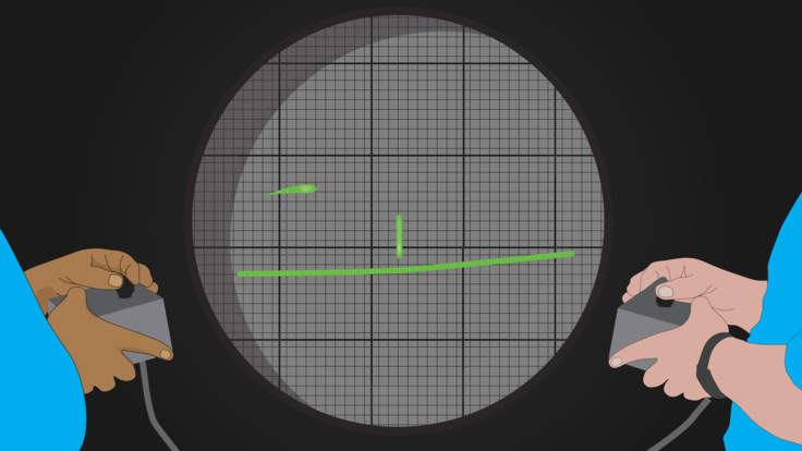 Illustration of two people playing with controllers on circular grid screen almost like pong