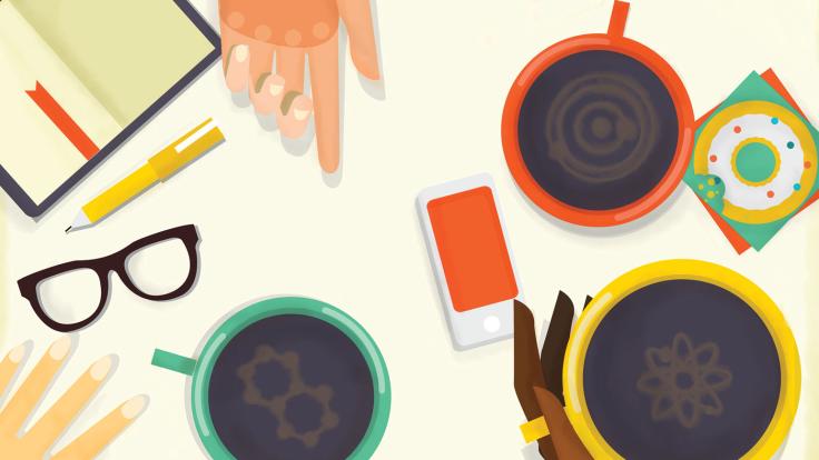 Illustration of book, glasses, coffee, hands, pens, paper, and phone