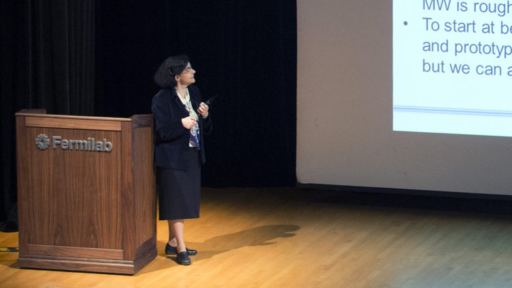 Photo of physicist giving speech at Fermilab