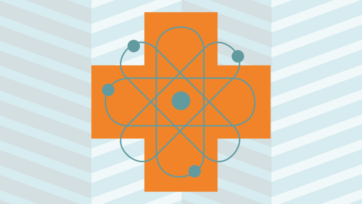 Blue and white zig zag strip background with orange plus sign in the center with teal green atom symbol on top