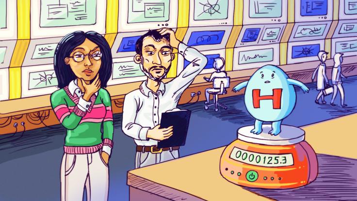 Illustration of two scientists looking confused while measuring the weight of "naturalness" 