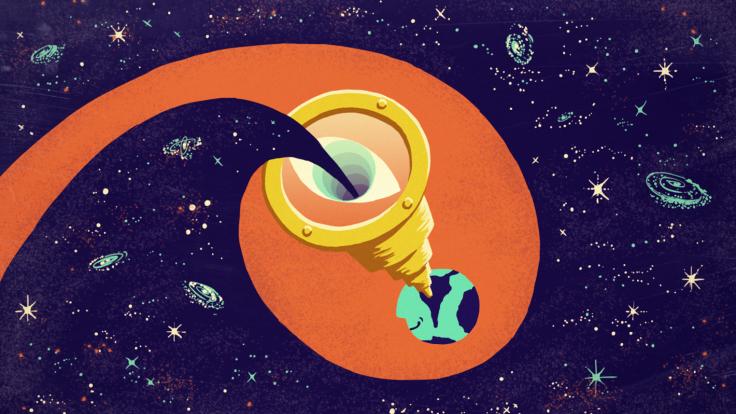 Illustration purple space, sea-foam green galaxies, planet in center, yellow telescope coming out of orange circle eye inside