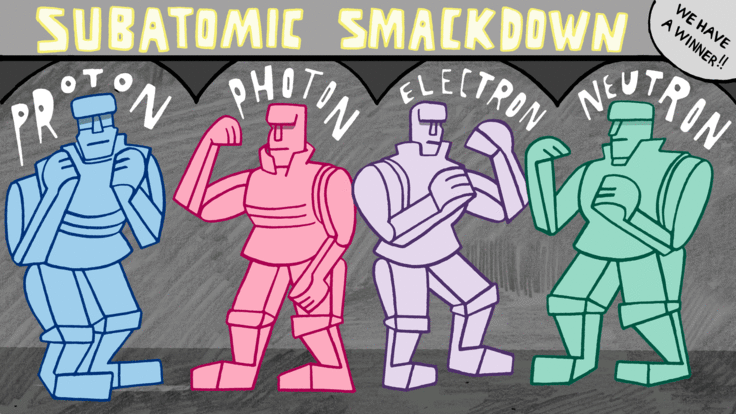 Illustration of four Rock 'Em Sock 'Em robots representing the four particles in the Sub Smackdown (blue, red, purple, green)