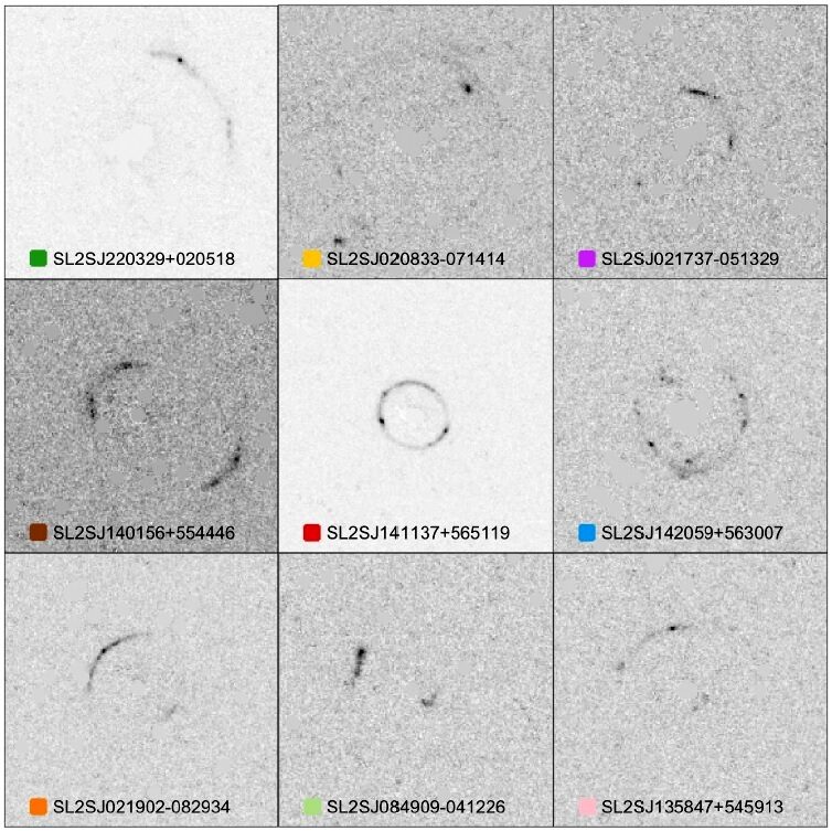 Grid of nine boxes showing various gravitational lenses