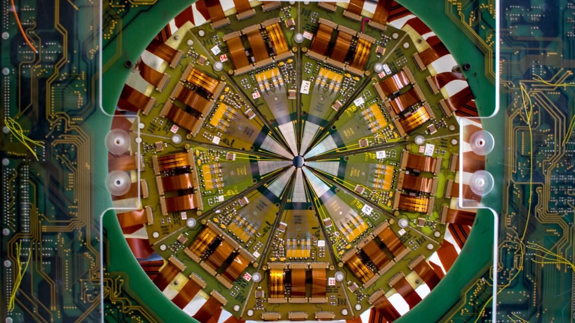 Close-up photo of a colorful silicon-strip particle detector